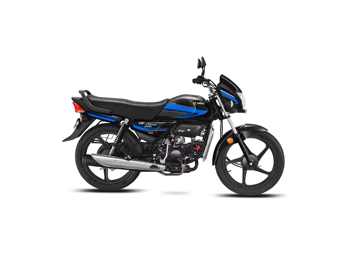 Hero HF Deluxe Blue and Black motorcycle side profile on white background
