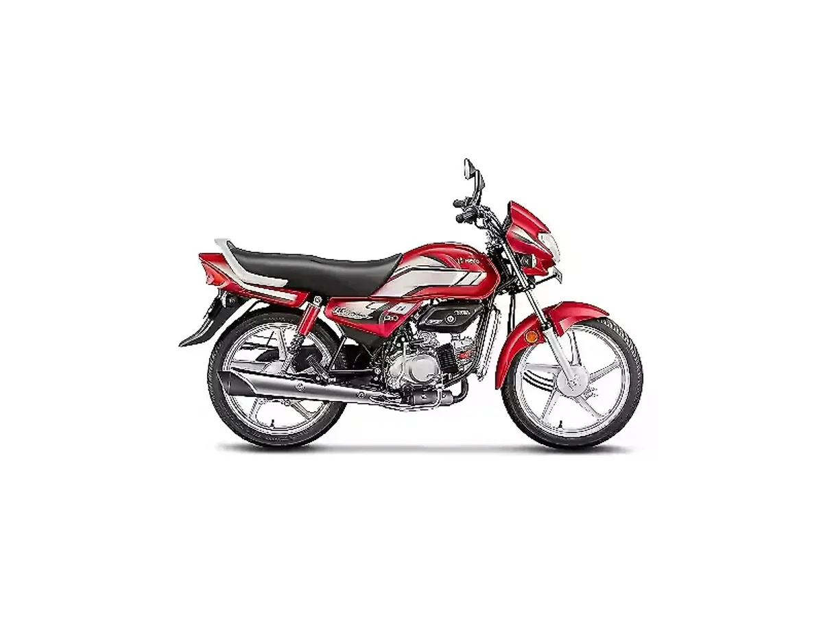 Hero HF Deluxe Candy Blazing Red motorcycle side profile on white background