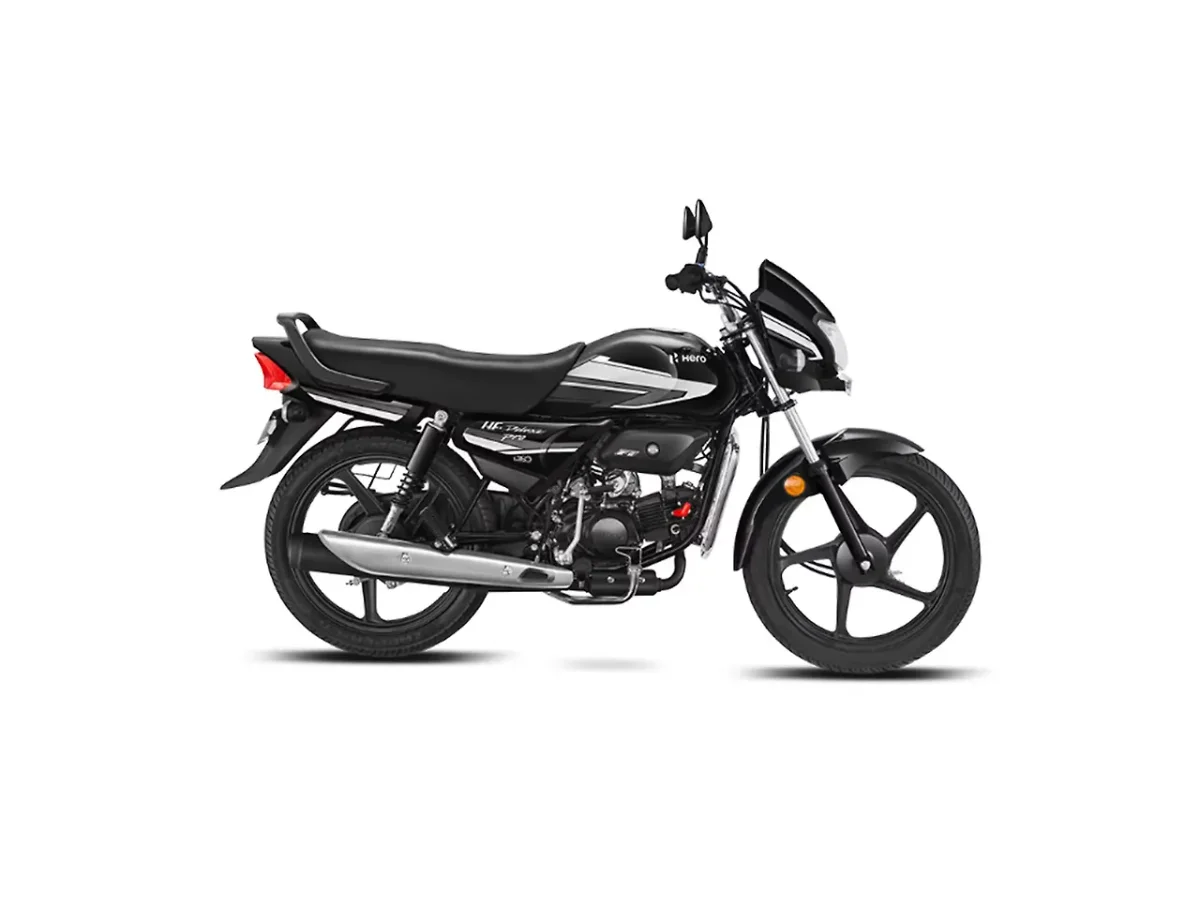 Hero HF Deluxe Grey and Black motorcycle side profile on white background