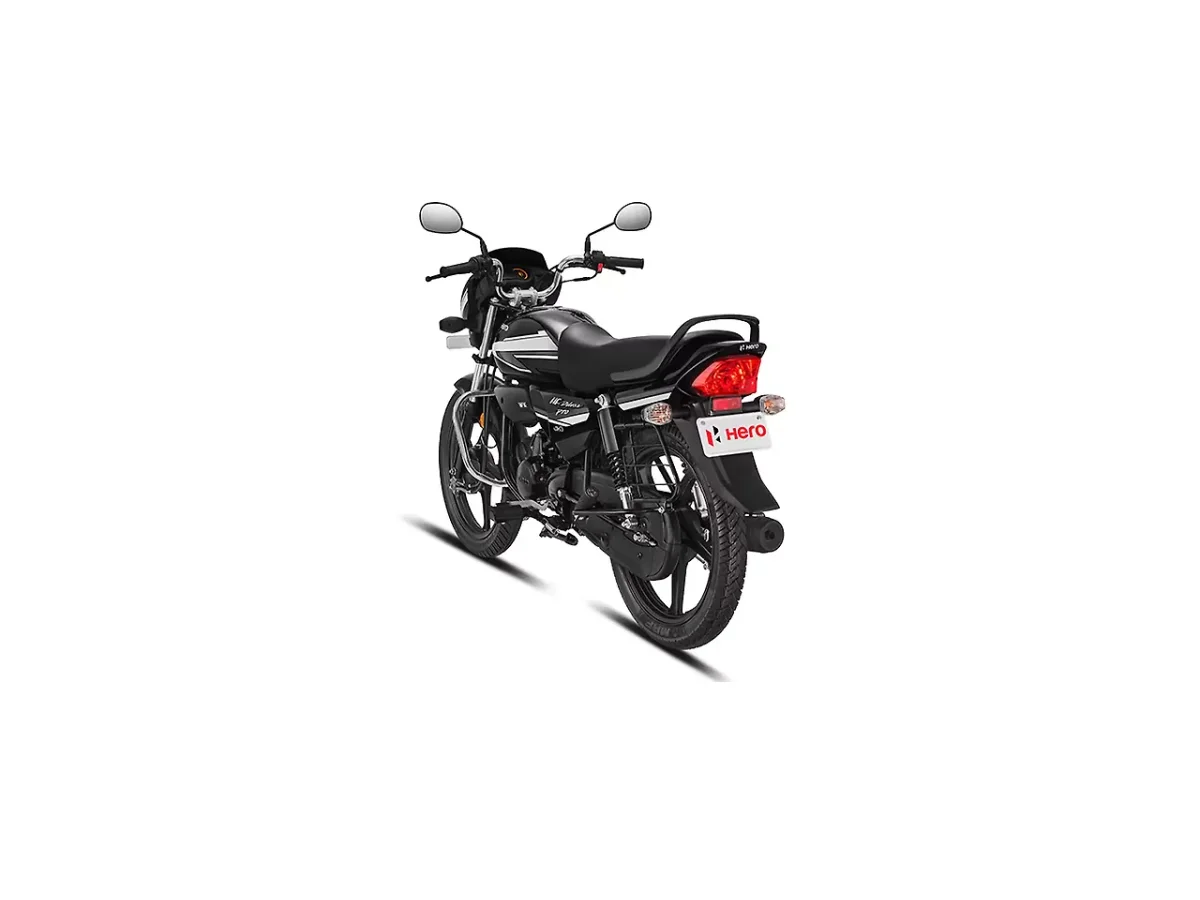 Hero HF Deluxe motorcycle left rear three-quarter view
