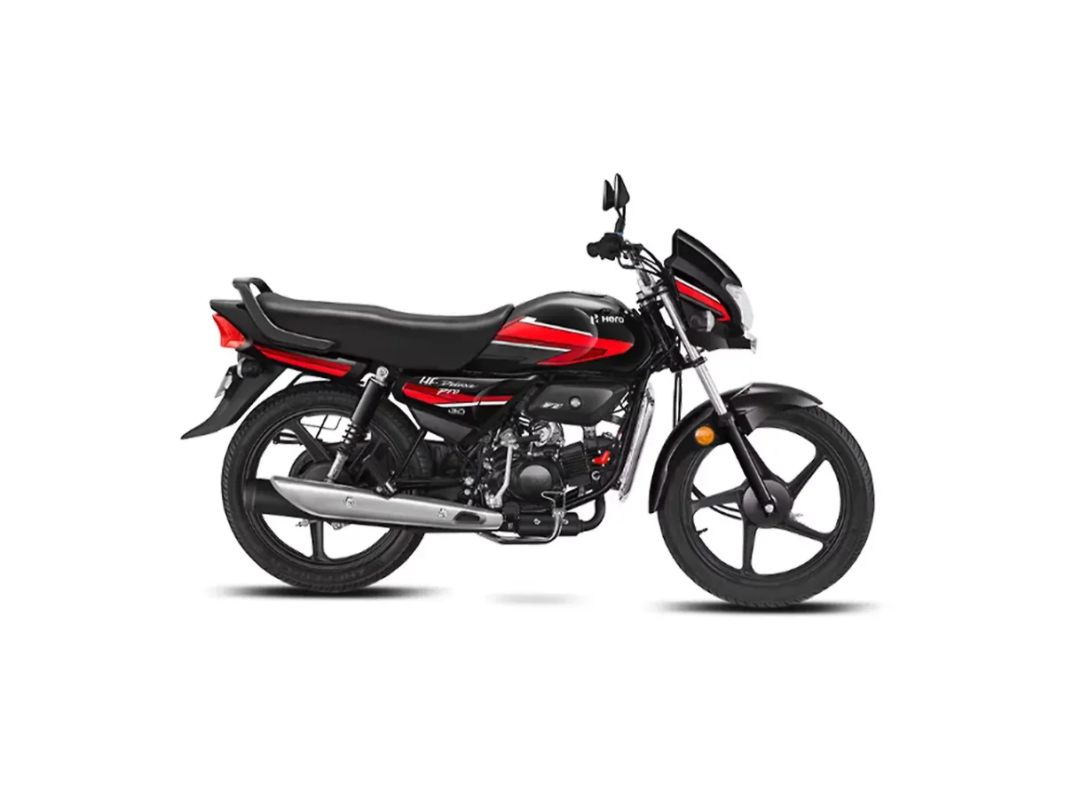 Hero HF Deluxe Red and Black motorcycle side profile on white background