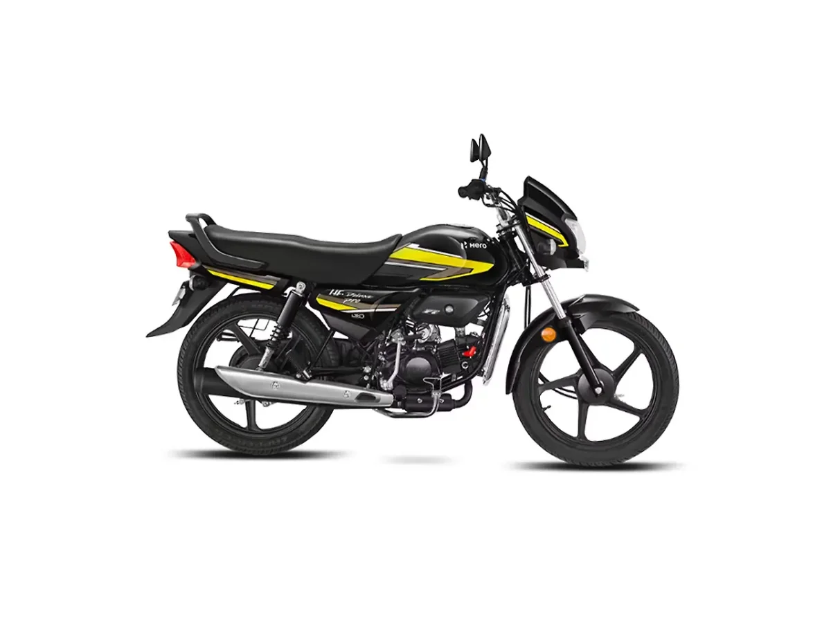 Hero HF Deluxe Yellow and Black motorcycle side profile on white background