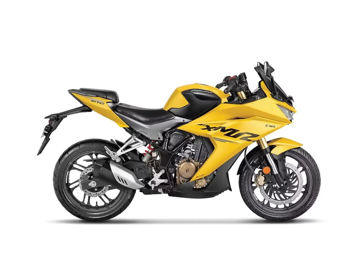 Hero Karizma XMR Iconic Yellow motorcycle side profile on white background