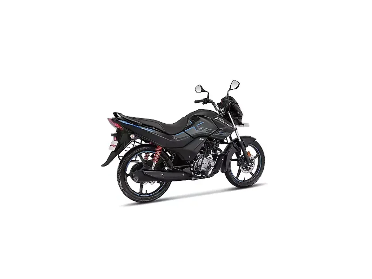 Hero Passion XTEC right rear three-quarter view in black and blue