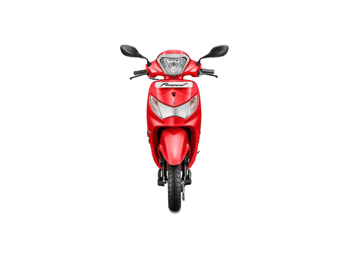 Front view of the Hero Pleasure Plus scooter in red