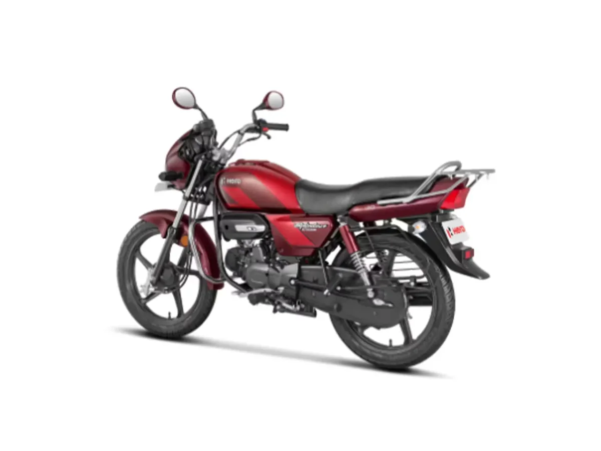 Hero Splendor Plus XTEC left rear three-quarter view in red and black