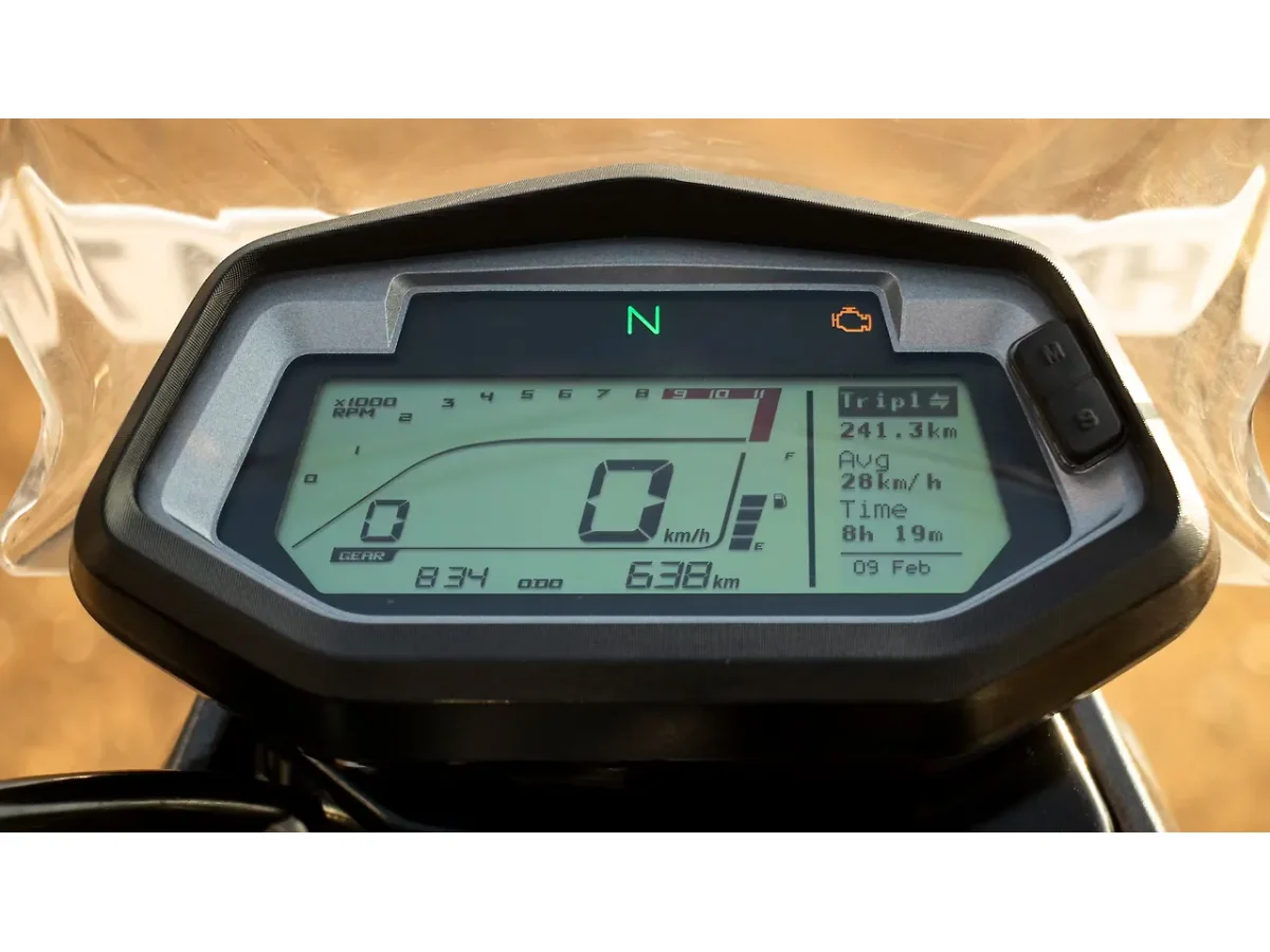 Hero XPulse 200 4V digital instrument cluster showing speed and ride information