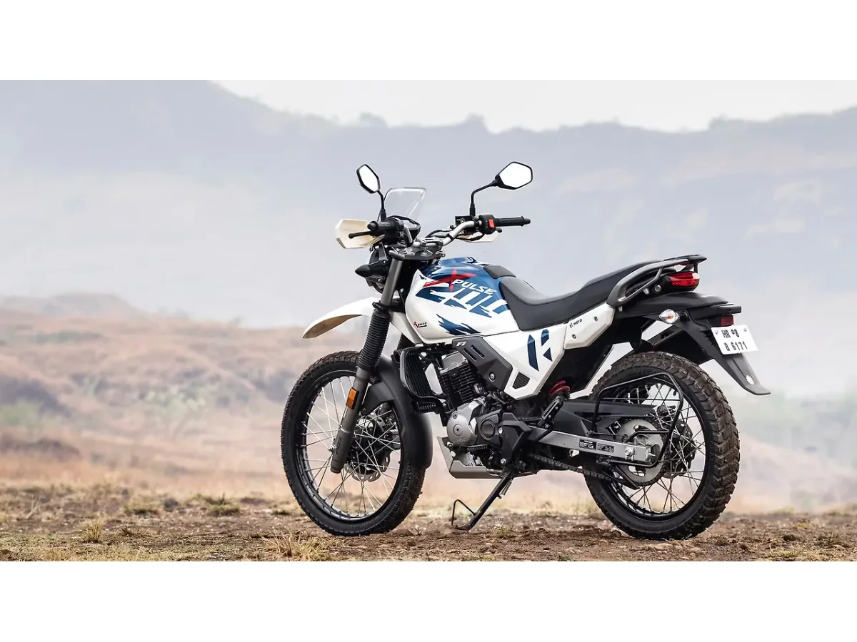 Hero XPulse 200 4V adventure motorcycle in left rear three-quarter view