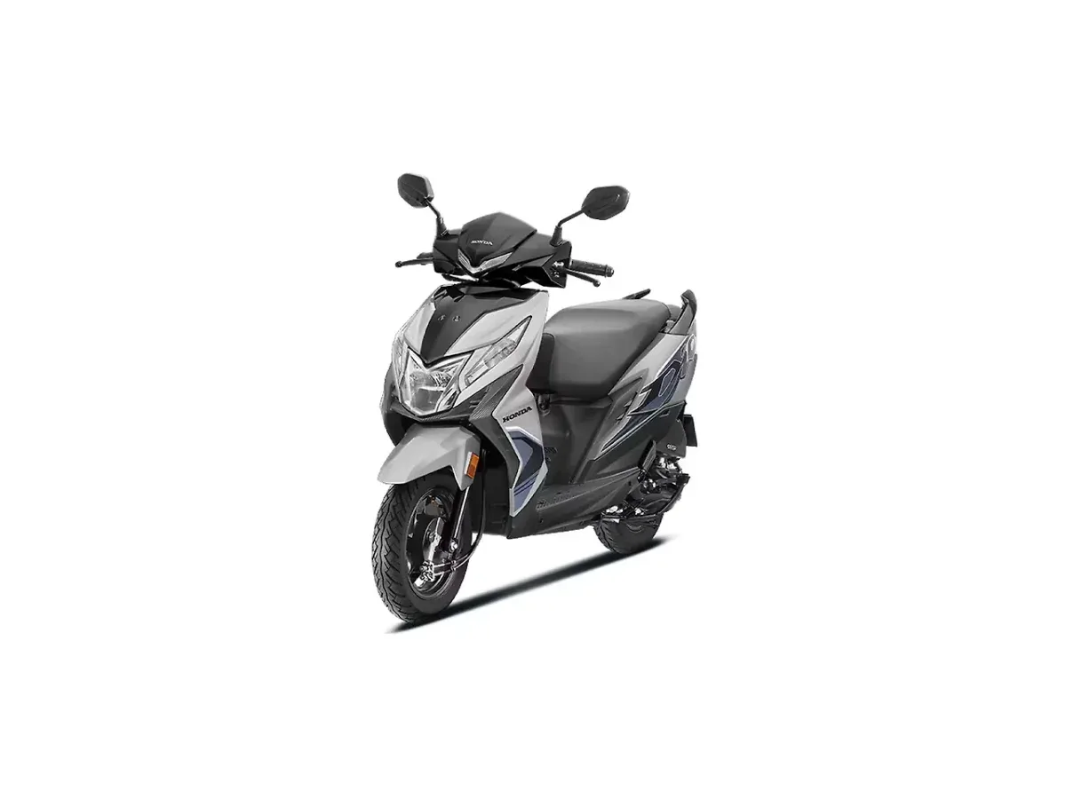 Honda Dio Pearl Igneous Black and Pearl Deep Ground Gray right front three-quarter view