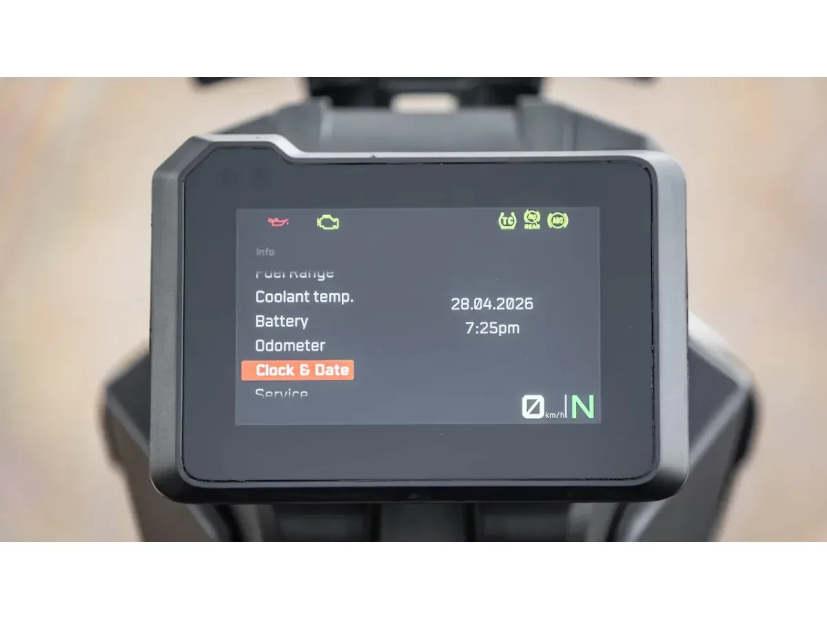 KTM 390 Adventure TFT display showing clock