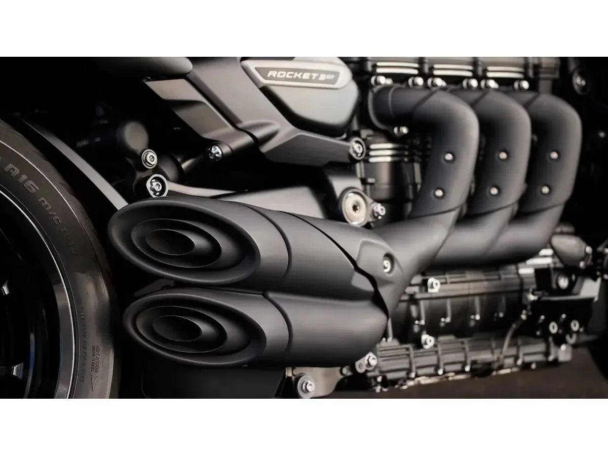 Triumph Rocket 3 engine and triple exhaust from the right side