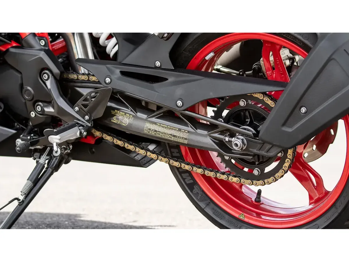 TVS Apache RR 310 drive chain and rear wheel close-up
