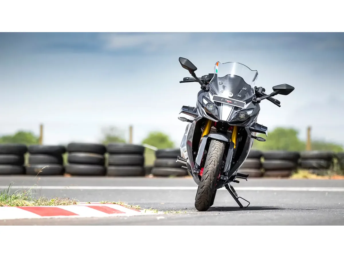 TVS Apache RR 310 front view on racetrack