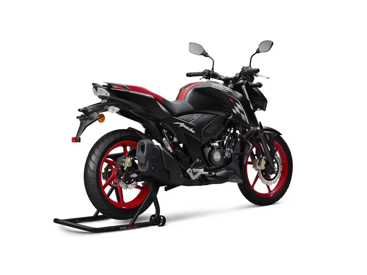 TVS Apache RTR 160 4V right rear three-quarter view