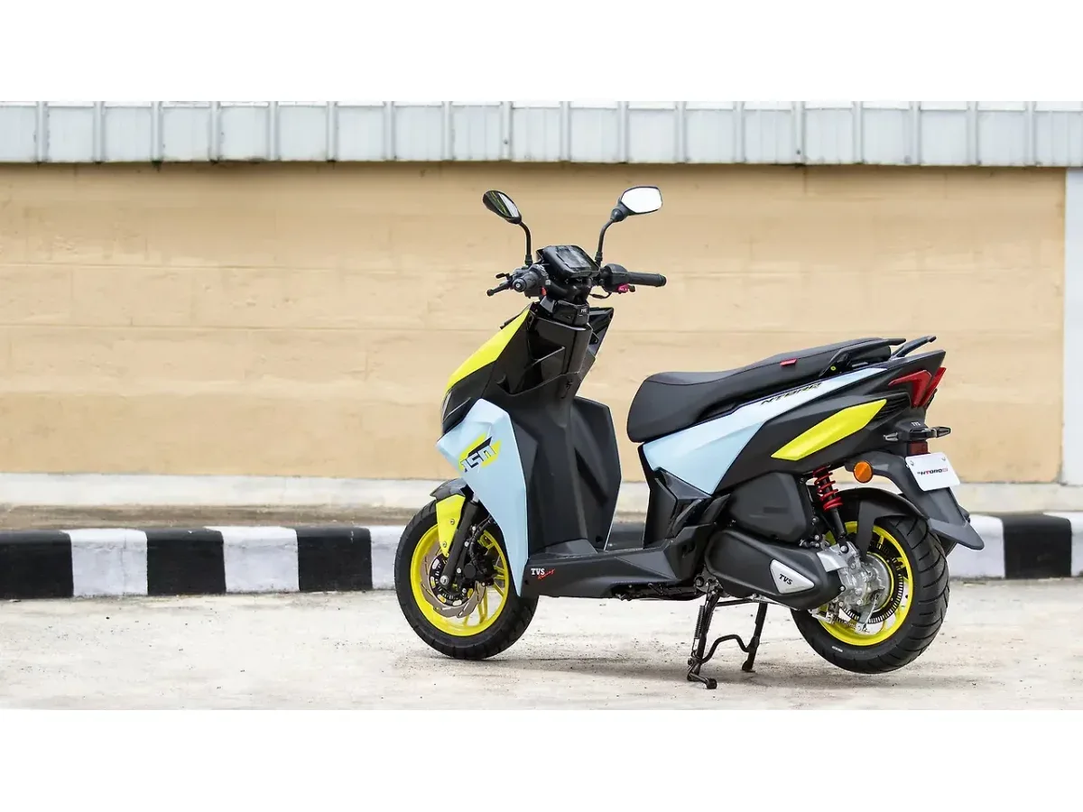 TVS Ntorq 150 in a left rear three-quarter view