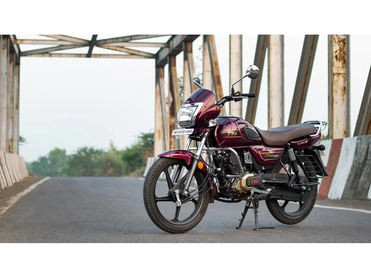 TVS Radeon in a left front three-quarter view