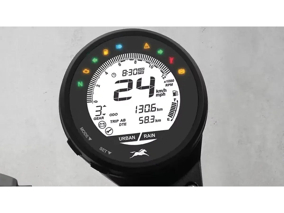 TVS Ronin digital instrument cluster showing speed and riding data