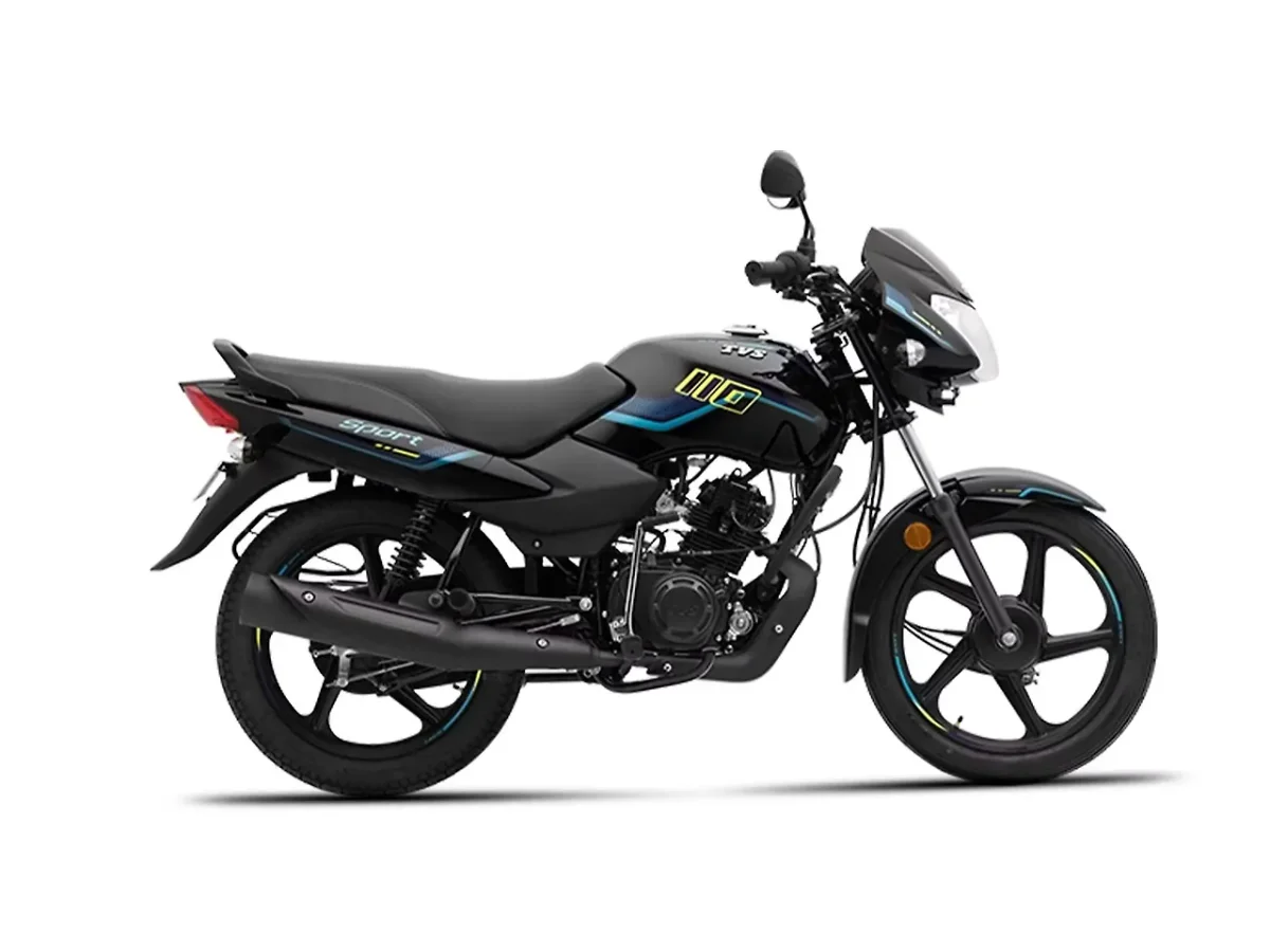 TVS Sport motorcycle in black with neon accents