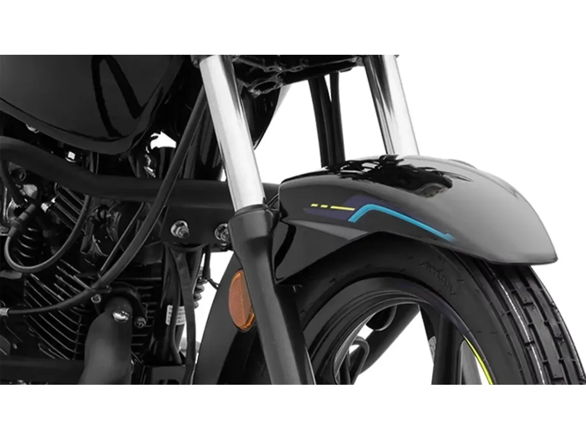 Front suspension and wheel detail of the TVS Sport motorcycle