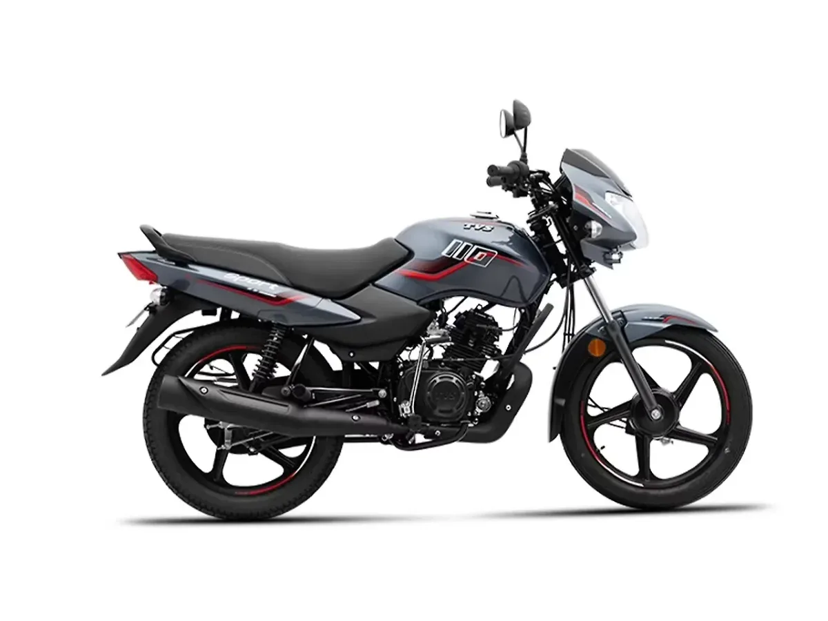 TVS Sport motorcycle in grey and red shown in side profile