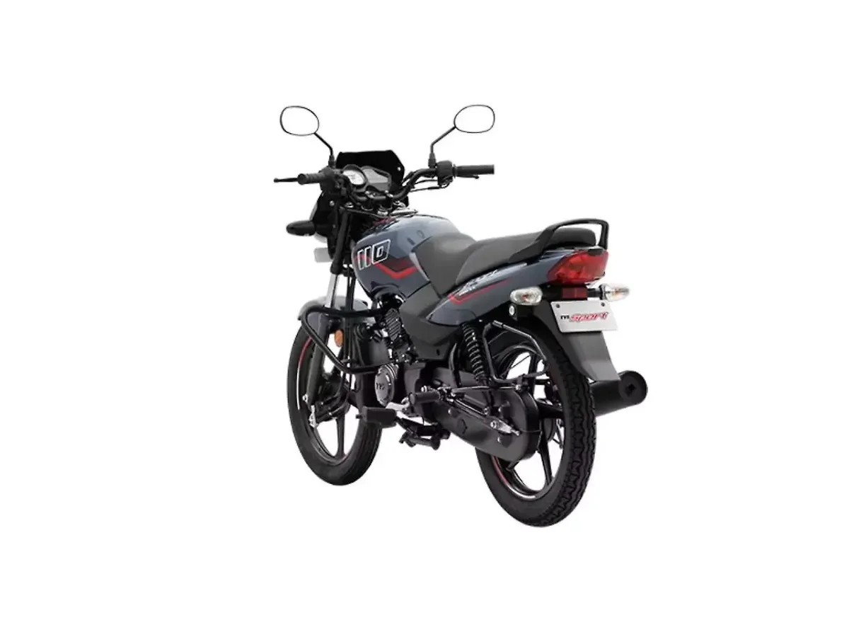 Left rear three-quarter view of the TVS Sport motorcycle