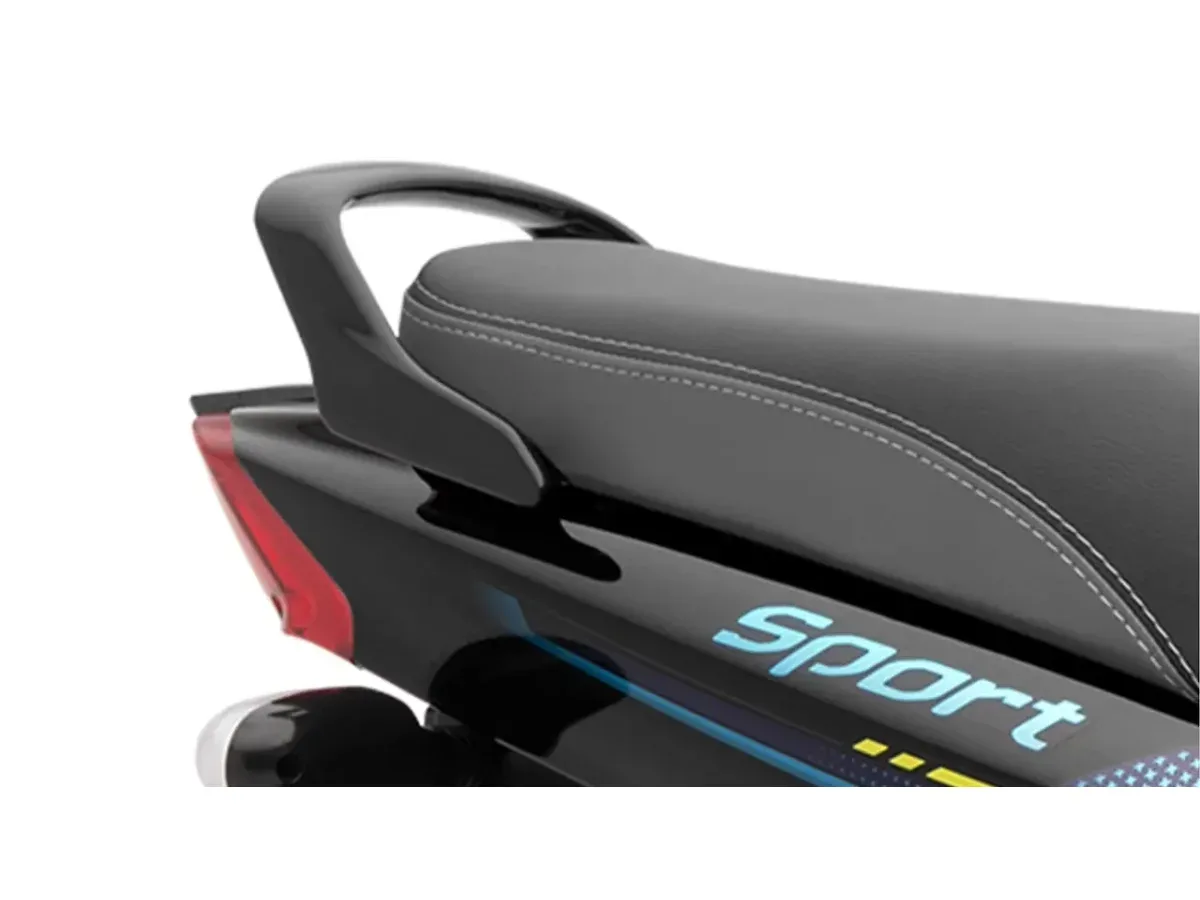 Rear grab rail and seat detail of the TVS Sport motorcycle
