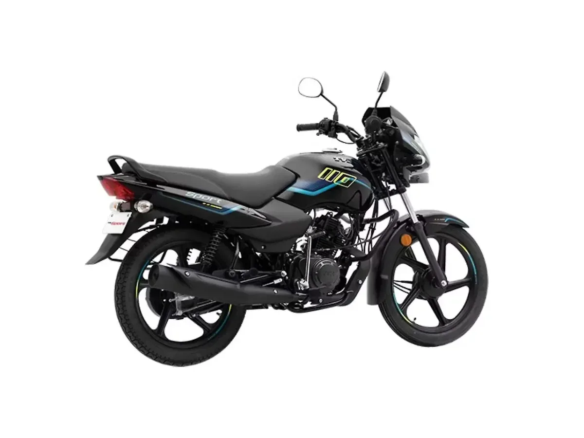 Right rear three-quarter view of the TVS Sport motorcycle