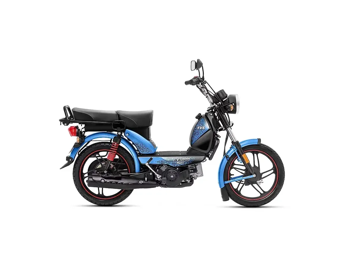 TVS XL100 Heavy Duty in blue with alloy wheels, shown from the side