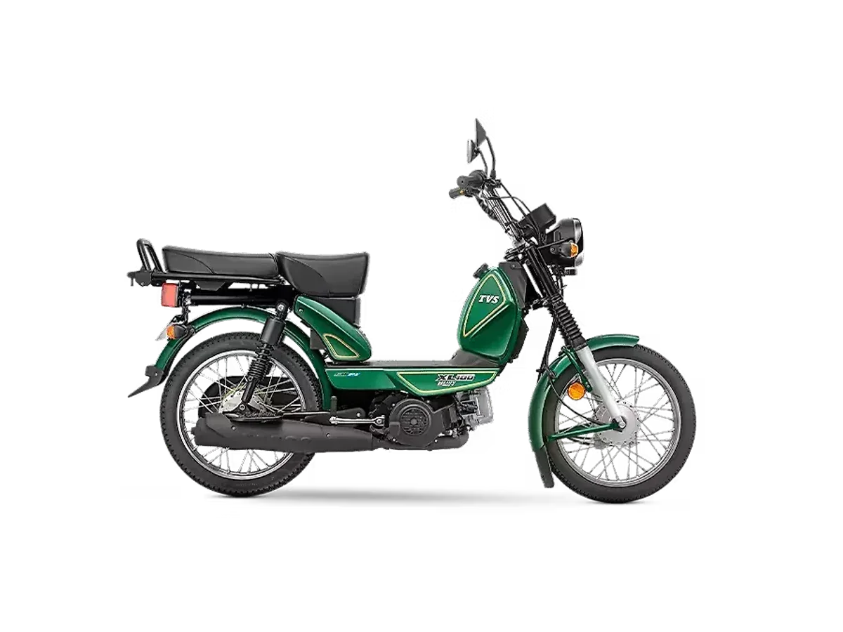 TVS XL100 Heavy Duty in green with kick start, shown from the side