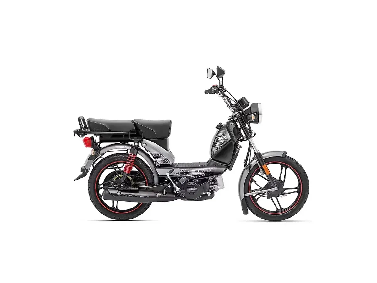 TVS XL100 Heavy Duty in grey with alloy wheels, shown from the side