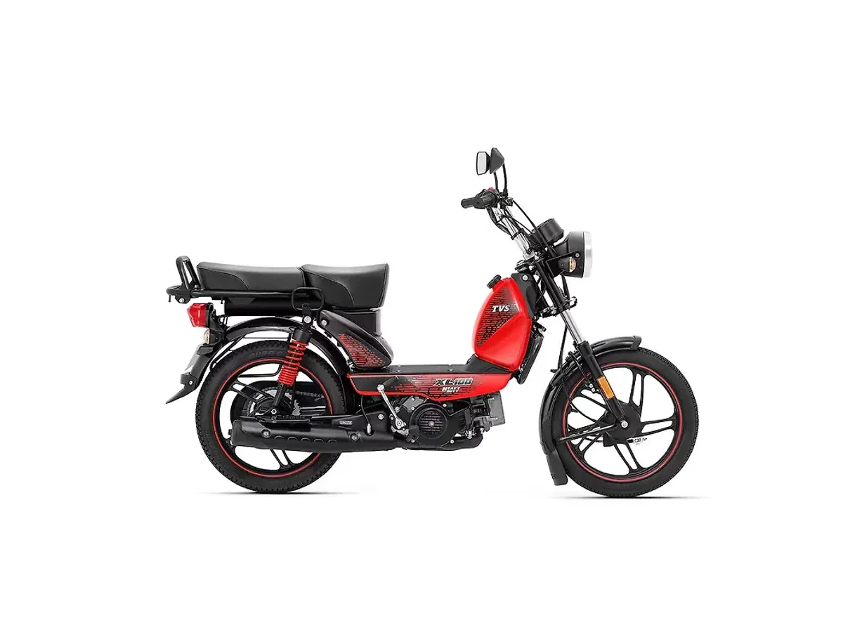 TVS XL100 Heavy Duty in red with alloy wheels, shown from the side