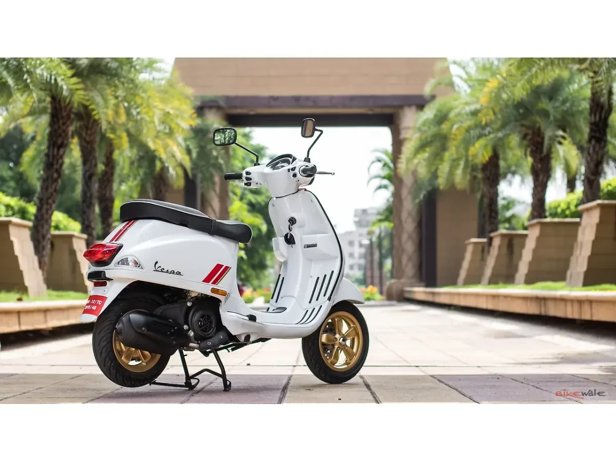 White Vespa SXL 150 shown from the rear-right angle
