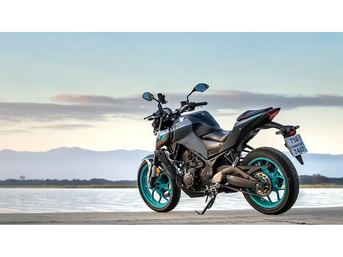 Yamaha MT-03 motorcycle in a left rear three-quarter view