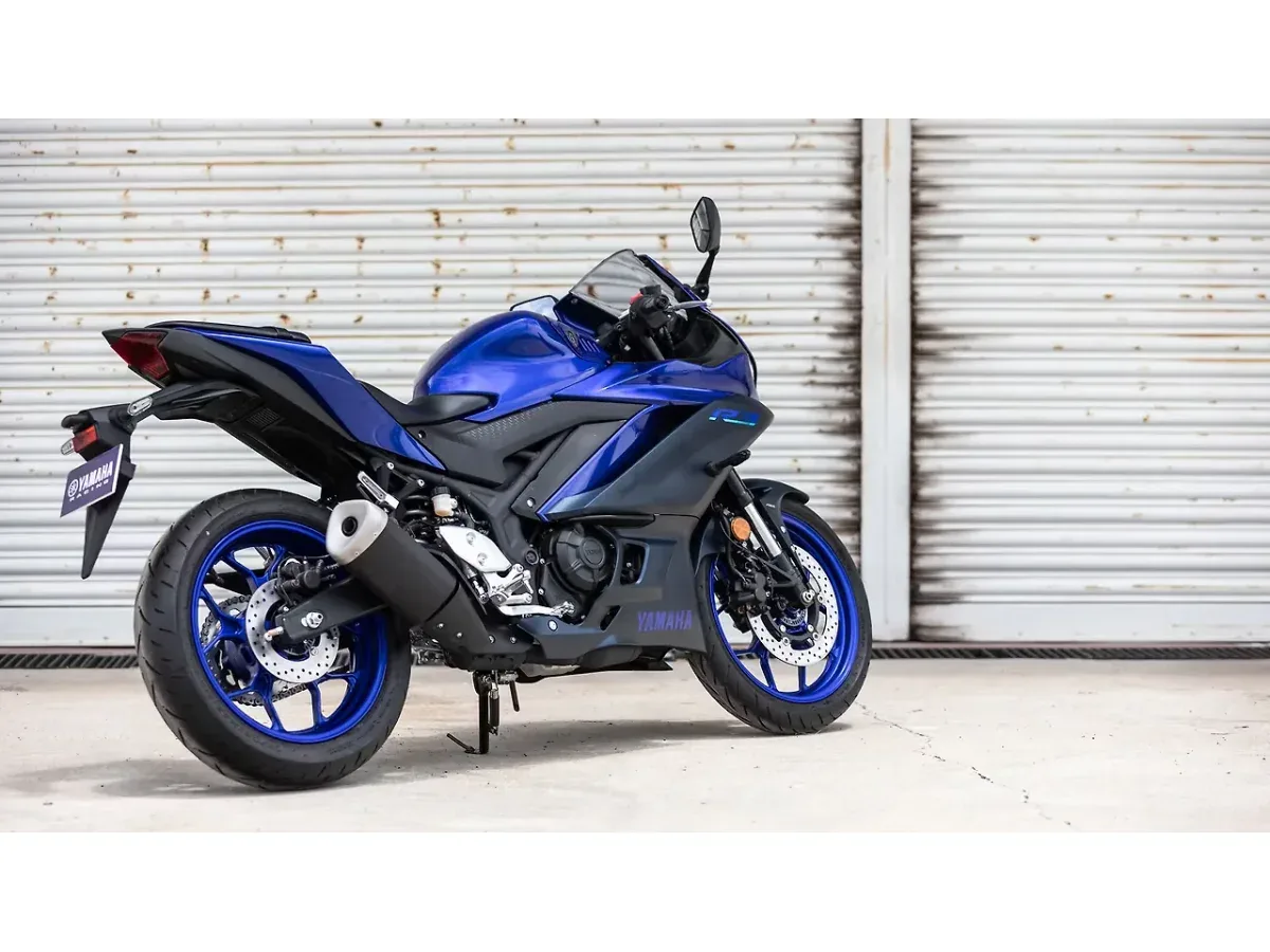 Yamaha R3 motorcycle right rear three-quarter view