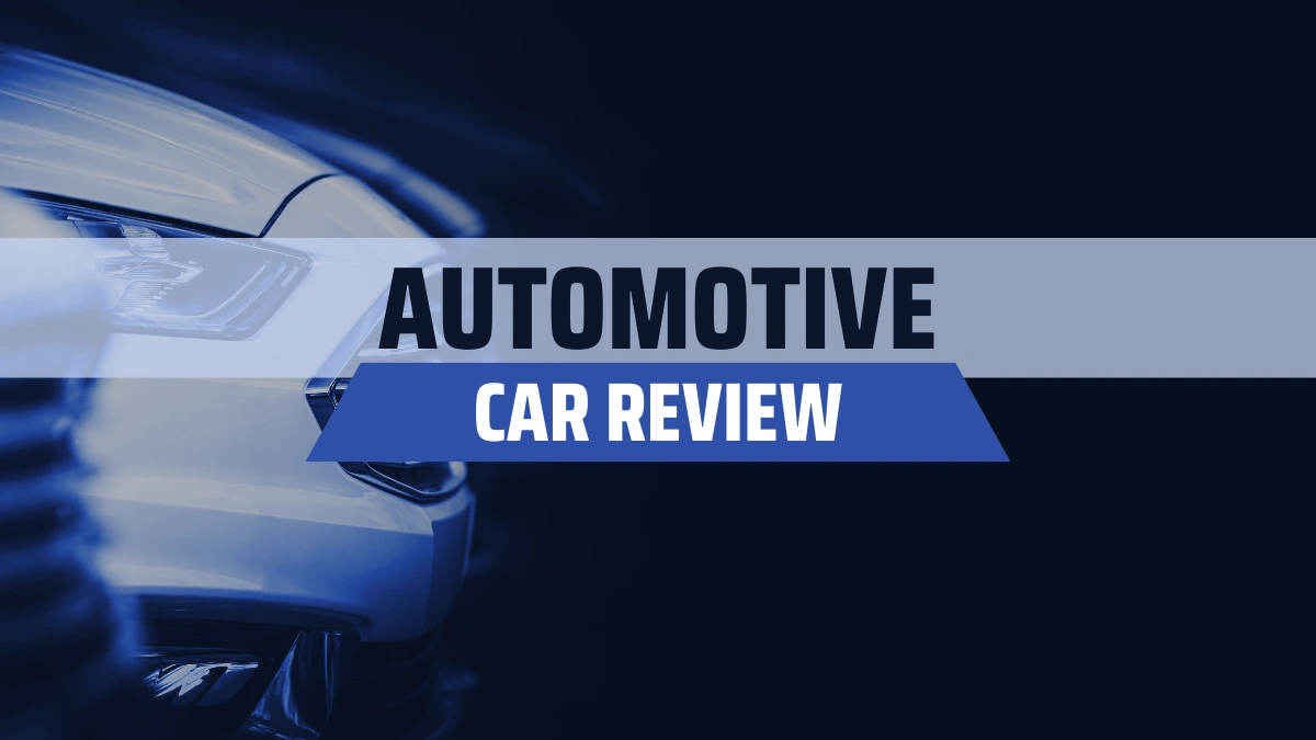 Close-up of a modern car headlight with Automotive Car Review text