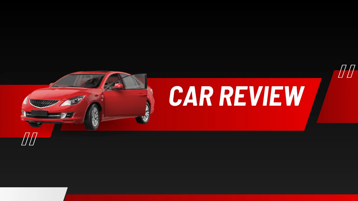 Red sedan car displayed on a bold Car Review banner