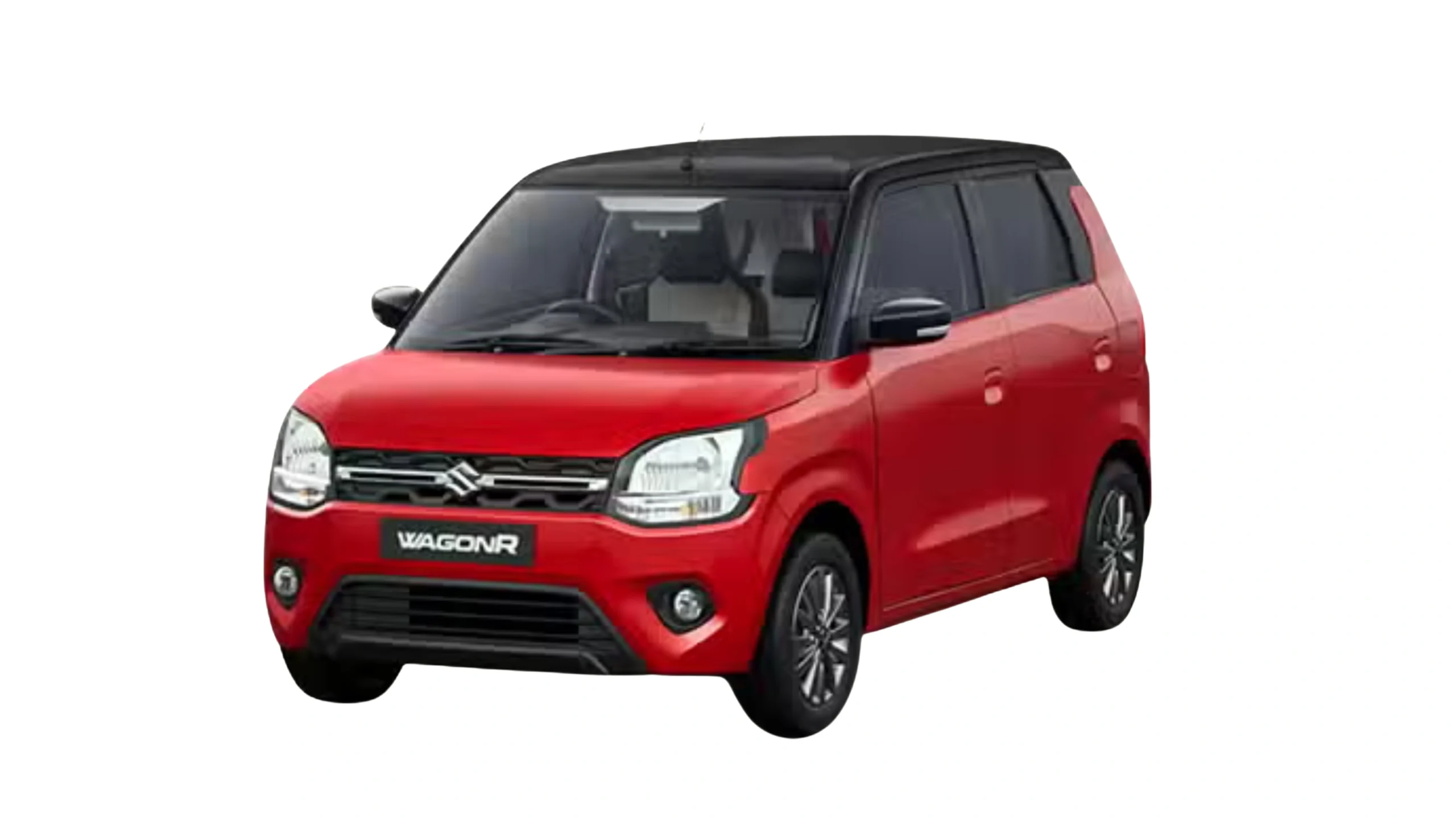 Red Maruti Suzuki Wagon R hatchback with black roof, displayed at a three-quarter angle showcasing its tall design and spacious cabin.